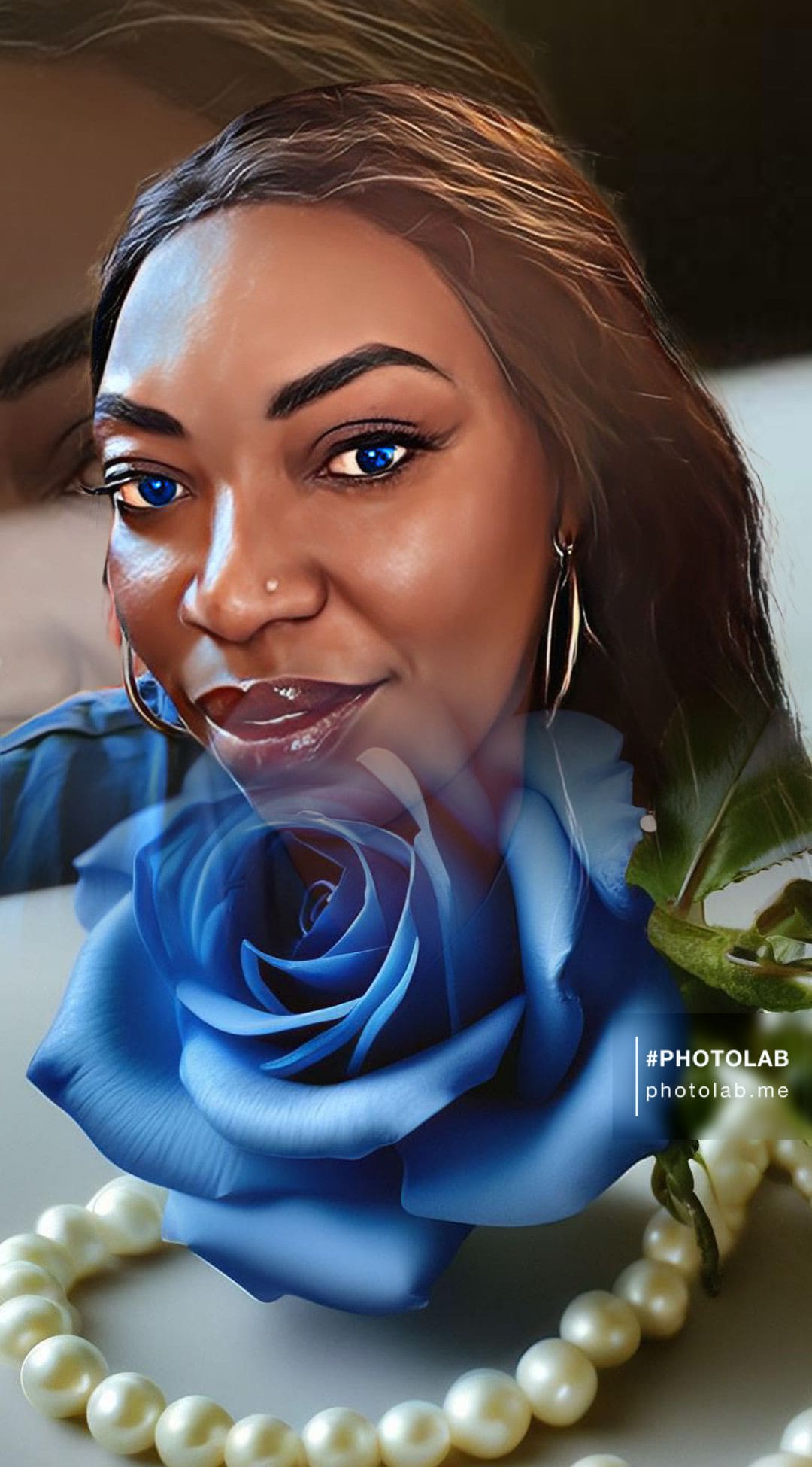 A woman with blue eyes and a rose.