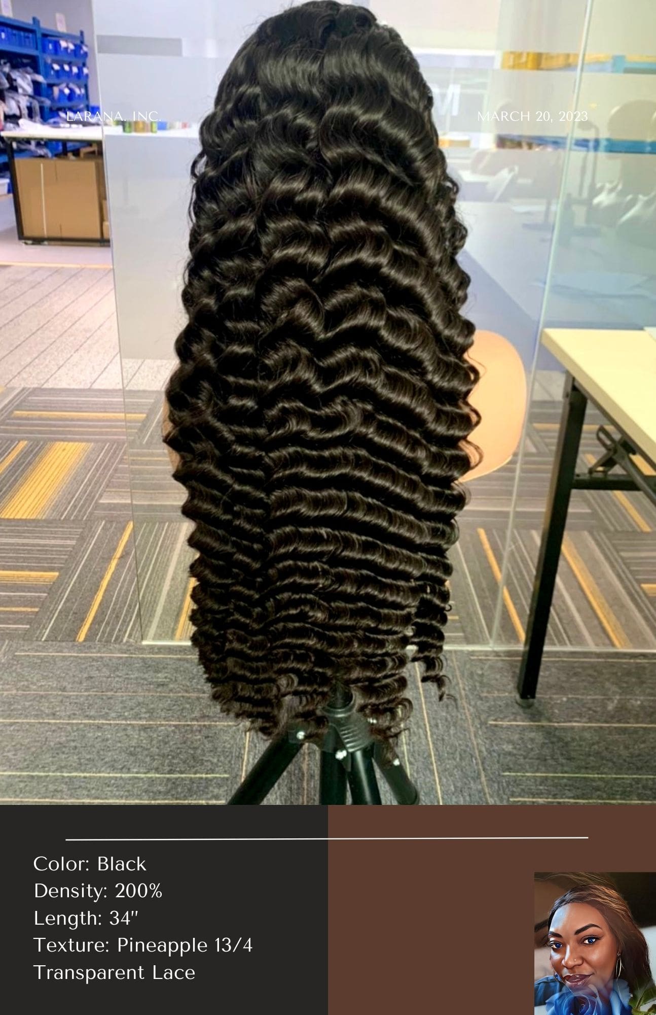 A woman standing in front of a table with her hair hanging down.