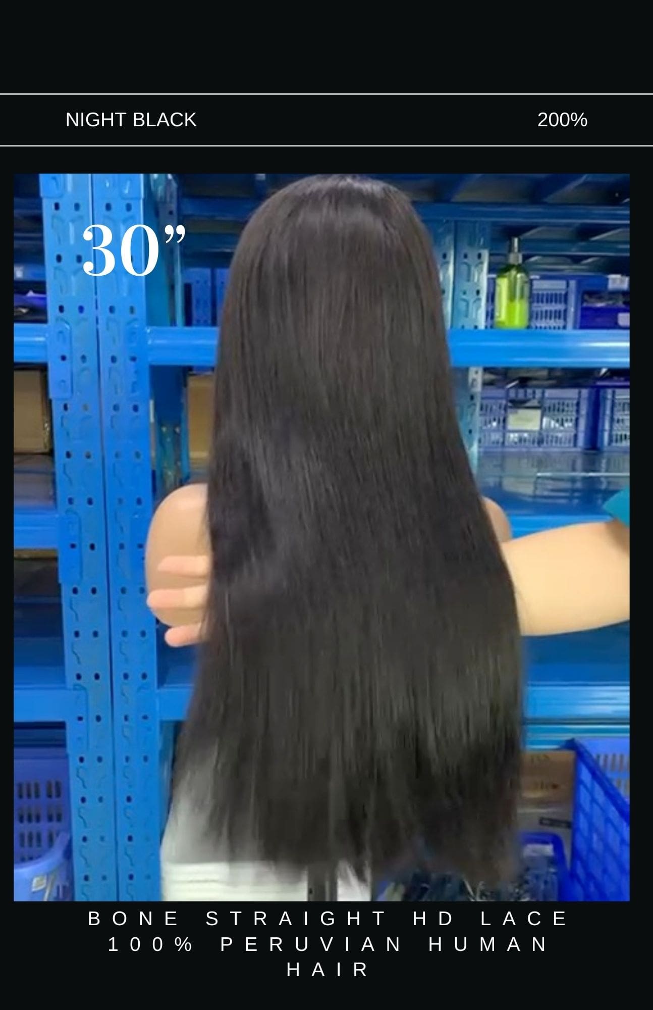 A woman standing in front of shelves with long black hair.