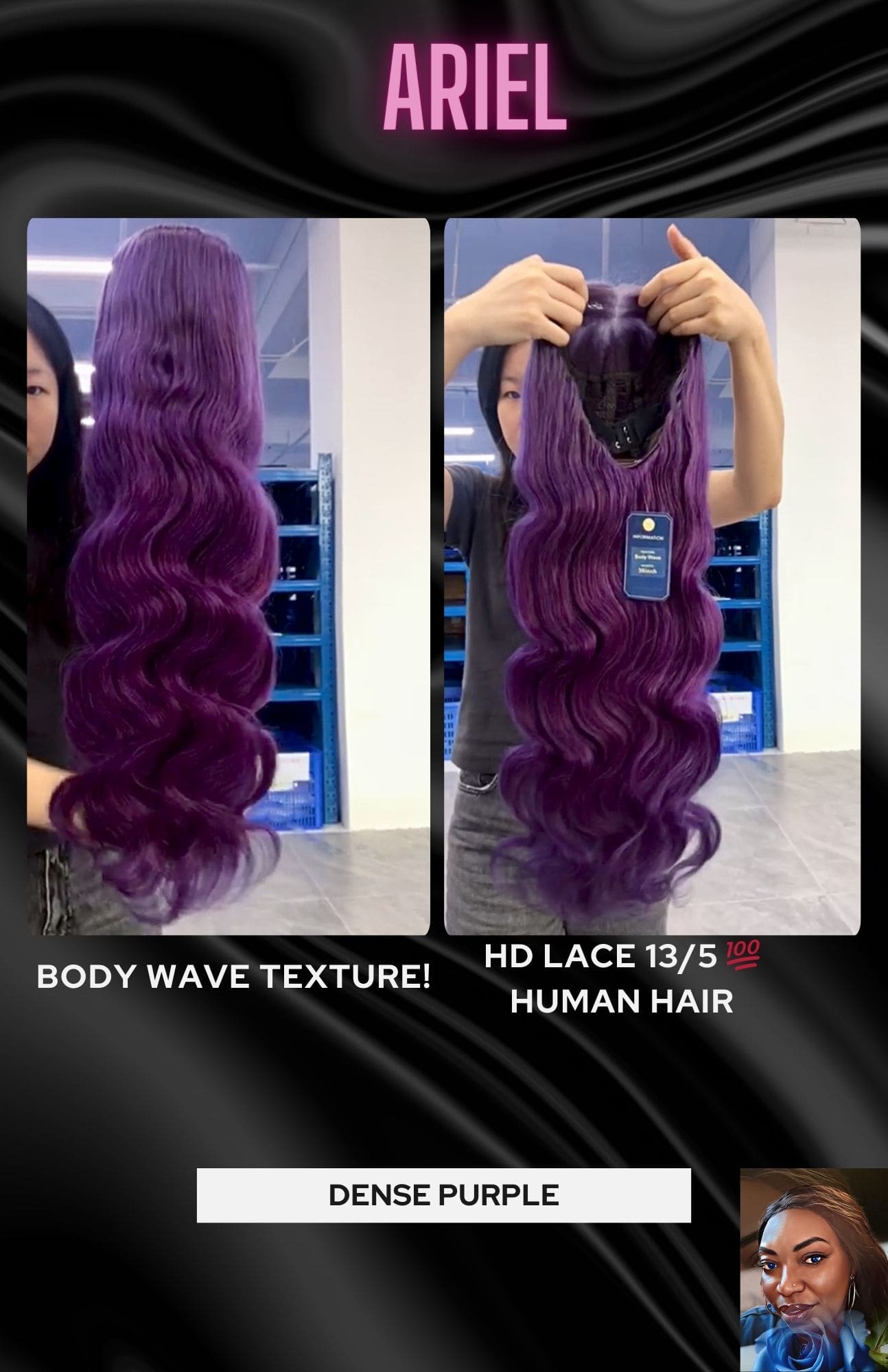 A woman with purple hair and a body wave texture.