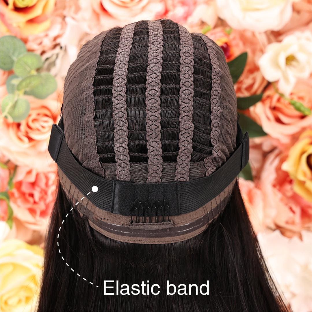 A black and grey striped hat with elastic band.